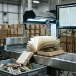 Режет ли Anthropic бумажные книги? Конвейер сканирования книг: раскрытый том под лампой сканера, оцифрованный разворот на мониторе и контейнер со срезанными корешками
